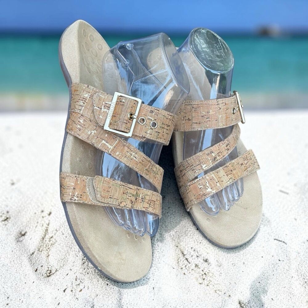 Vionic Skylar Triple Strap Slide Sandals Sz 12 Natural Cork Tan Buckle Orthotic